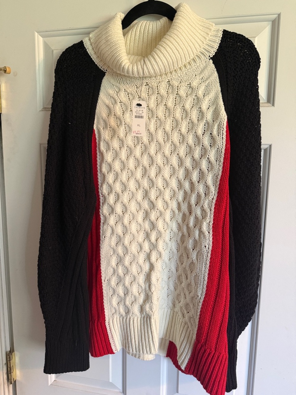 Talbots Turtleneck Cable Knit Colorblock Sweater - Cream, Black & Red